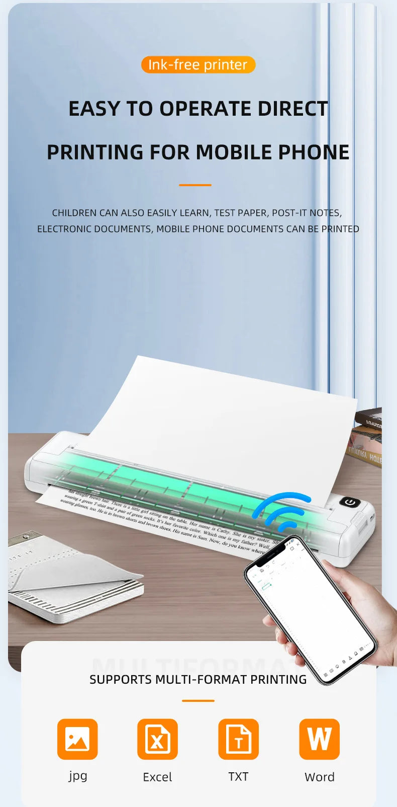 Wireless Thermal Printer for A4 Paper Pocket Photo Document Printer No Ink Printing Bluetooth Connection One Click Printing X8